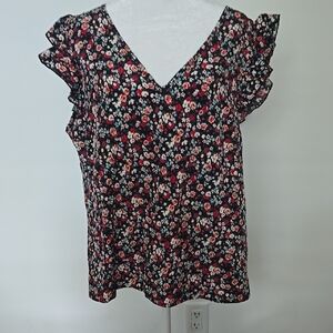 SHEIN Black and Red Floral Ruffle Blouse